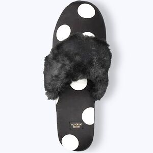 Victoria's Secret  Satin Slippers Polka Dot Faux Fur Black/White Medium NWT